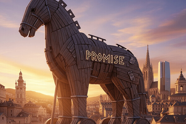 A large wooden Trojan horse, symbolizing a powerful, hidden change agent.